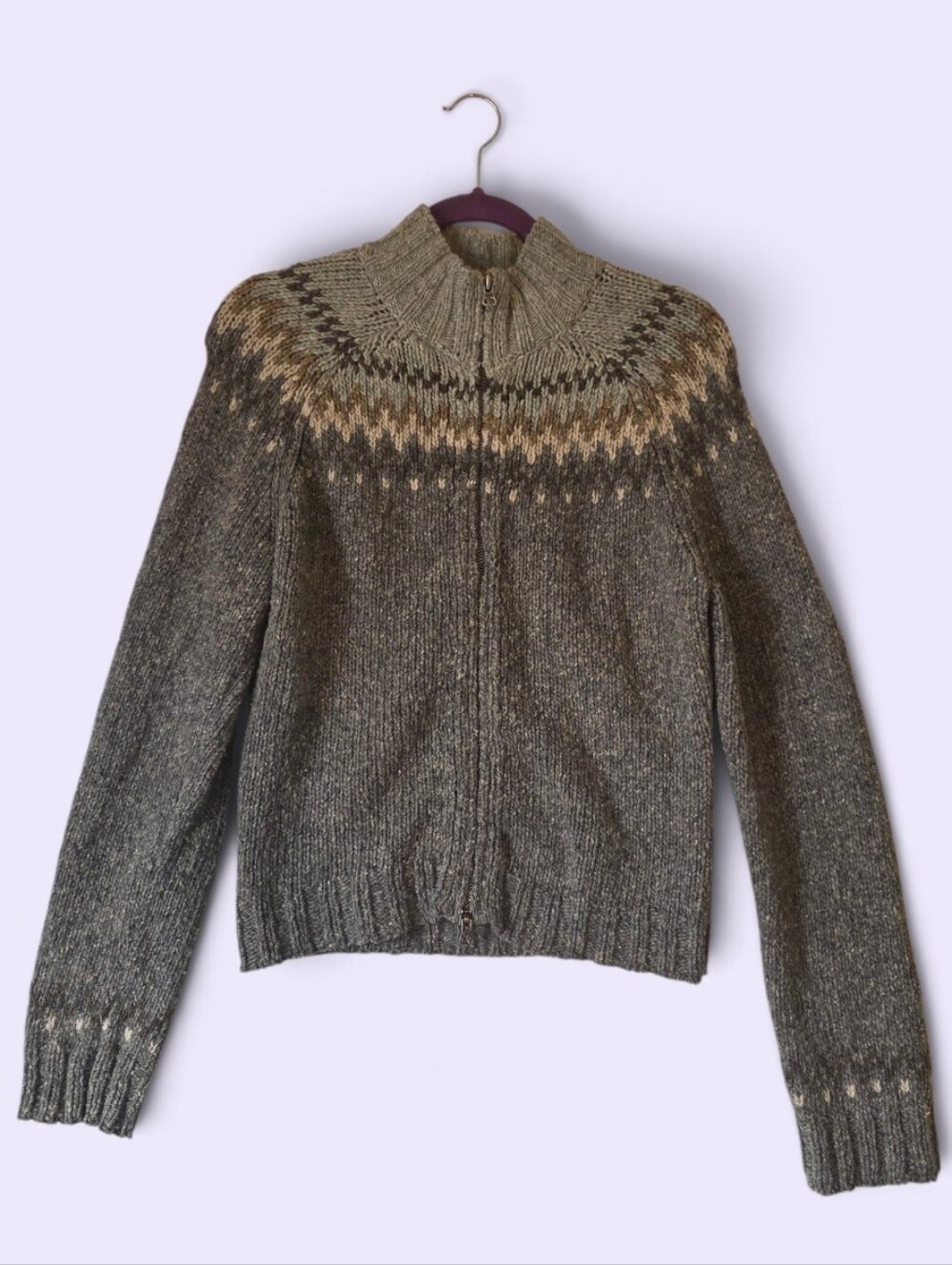 Abercrombie & Fitch Vintage Wool Blend Gray Fair Isle Zipup Sweater Large